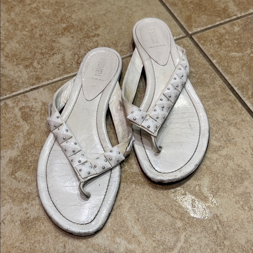 Authentic Fendi White Studded Thong Sandals Sz 37.5 Orig $450